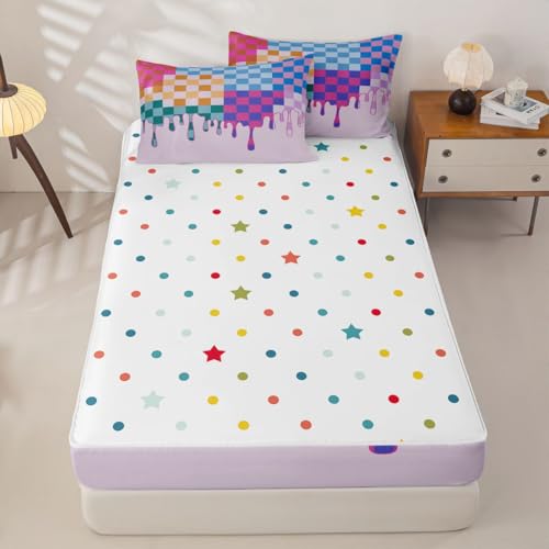 Image of Purple Blue Checkered Zipper Bedding Full - 4 Piece Zip Up Comforter Set with Fitted Sheet & Pillowcases,Durable Bed-in-a-Bag Set Bedding for Kids,Checkerboard Drip Cool Aesthetic Funky Geometric