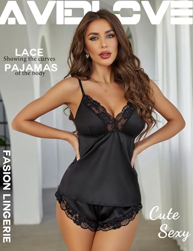 Avidlove Satin Pajamas Set Womens Lace Sleepwear Sexy Lingerie Cami Shorts Set S-XXL3