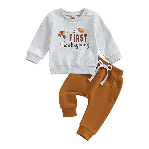 YOKJZJD My First Thanksgiving Baby Boy Outfit Turkey Sweatshirt Long Sleeve T-Shirt Jogger Pants Set Newborn Fall Clothes (Light Gray, 3-6 Months) Cover
