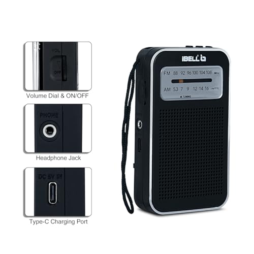 Image of iBELL FM720BT Portable Pocket FM Radio with Bluetooth Speaker, USB /SD MP3 Player, Rechargeable with Type C Port, 2 Band (Black)