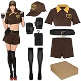 Hicarer 8 Pcs Halloween Women Postal Delivery Costume Includes Small Shipping Boxes, Brown Top and Shorts, Adjustable Belt, Fanny Pack, Hat, Stockings, Fingerless Gloves for Cosplay