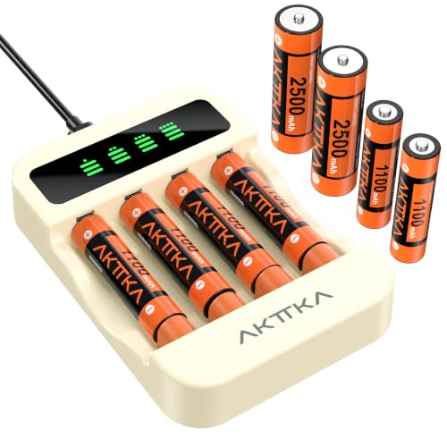 AKTTKA Kit de Cargador Inteligente de 4 Ranuras, 4×AA 2500mAh y 4×AAA 1100mAh Pilas Recargables Ni‑MH, Cargador rápido Independiente USB Type‑C, Pantalla LCD, Carga por impulsos y Apagado automático