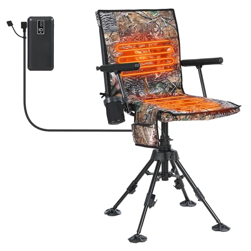 WGOS Heated Swivel Hunting Chair with Battery 360 Degree Slience Hunting Blind Chair with Armrest Cup Holder Camouflage Pattern for Deer Bird Hunting (Heated 1 Pack)