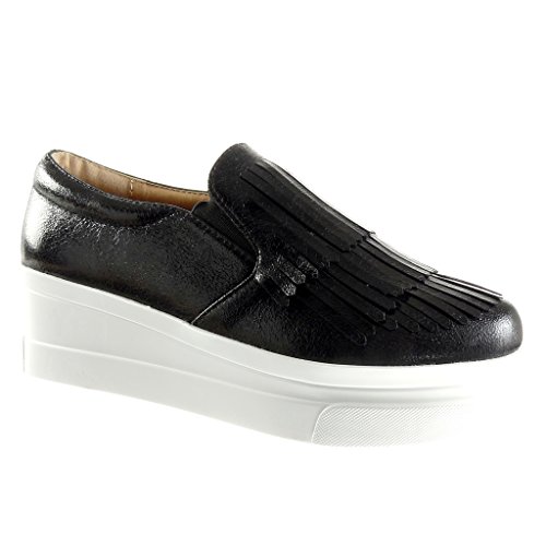 Angkorly - Zapatillas Moda Mocasines Slip-on Plataforma Mujer Fleco Patentes Talón Plataforma 5.5 CM - Negro 929-1 T 39