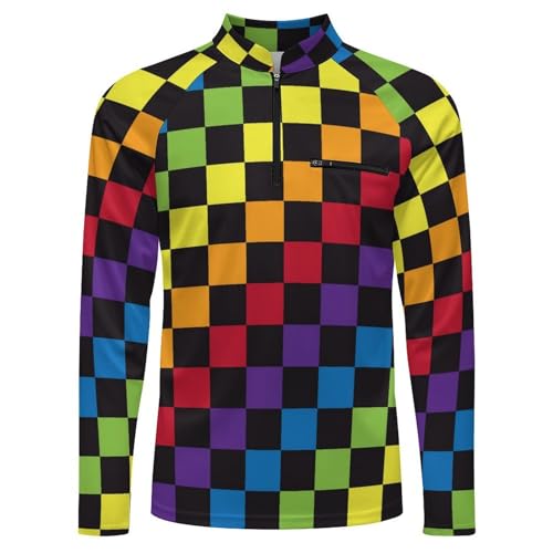 Rainbow LGBT Checkered Men's Rash Guard Long Sleeves Quick Dry Fishing Workout Shirts with Zipper4