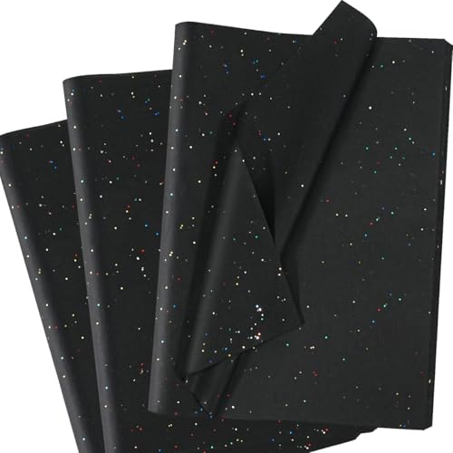Schwarz Seidenpapier für Geschenktüten, 60 Blatt Glitzer Seidenpapier Verpackungsmaterial, Schwarz Bastelpapier mit Metallic-Folie, Glänzendes Geschenkpapier für Geburtstage, Weihnachten, 50 x 35 cm