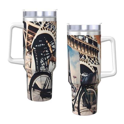 WOPQS Romantischer Paris Eiffelturm Fahrrad 1,2 l Ice Bully mit Griff, Edelstahl, wiederverwendbar, isoliert, für den täglichen Gebrauch im Haushalt