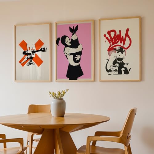 Image of NoWorries Urban Street Art Framed Wall Art Set of 3, Pink Red Orange Black Graffiti Style Stencil Prints with Natural Wood Look Frames for Living Room, Bedroom, Office, Home Decor (ART-1, 17X25inch)