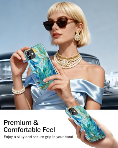 Image of Goodon for iPhone 12 Mini Case Cute - Wireless Charging Compatible - Dual-Layer Hard Shell + Silicone Cover - Protective Phone Case with Trendy Designs for Women - Blue Leaves Flower | Dual-Layer Hard Shell + Silicone, Slim Fit Protective Phone Cover with Wildflower Designs for Women Girls
