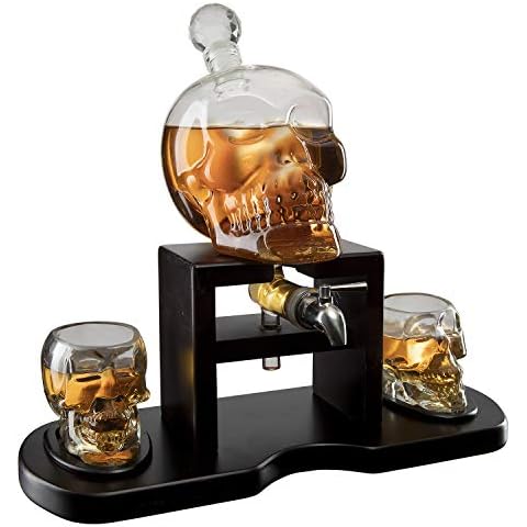 Skull Whiskey Decanter Set 750 mL with 2 Skull Glasses 3oz and Mahogany Wooden Base The Wine Savant with Spigot Cover