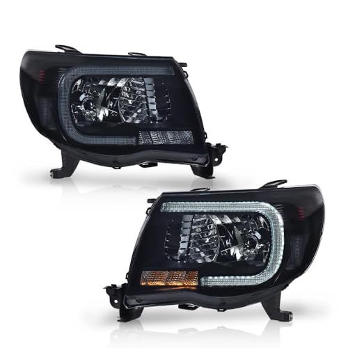 Image of GRAND ORANGE LED DRL Headlights Assembly Fit Toyota Tacoma 2005-2011 | Tube Halo Projector Headlamps,Smoke Lens Black Housing Clear Reflector,Driver & Passenger Side,Weather-Resistant