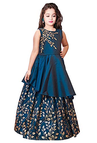 Image of Wommaniya Impex New Kids Blue Embroidery N Golden foil Satin redaymade Festive Gown Dress for Girls.