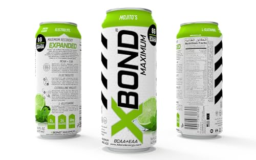 XBOND Maximum Recovery Mojito Expanded Maximum Amino Drink - BCAA + EAA Electrolytes Drink - 16 fl oz (473 ml) - 8g BCAA/EAA, Sugar Free 34 Calories, 60mg Caffeine Pack of 12