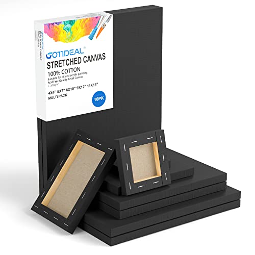 Image of GOTIDEAL 10Pcs Black Stretched Canvases for Painting, Multi Pack 4x4 inch, 5x7 inch, 8x10 inch,9x12 inch, 11x14 inch Set of 10, Primed 100% Cotton Artist Blank Canvas Boards for Painting, Acrylic Pouring, Oil Paint Art