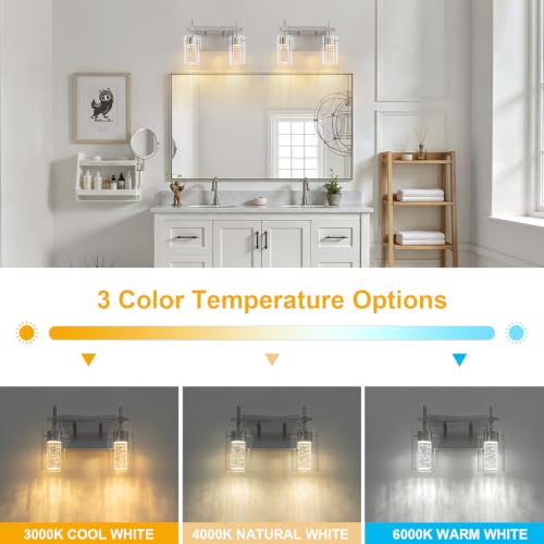 Image of 2-Light Brushed Nickel Vanity Light with 3 Color Modes (3000K /4000K /6000K), Eye Protection LED Bathroom Light Fixture, Dimmable Modern Wall Light Over Mirror with Clear Glass Shade