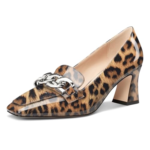 HDEUOLM Womens Heeled Loafers for Women Chunky Block Mid Heel Square Toe Pumps Loafers Shoes Slip-on Metal Chain Office Classic 2.8 Inches Heels