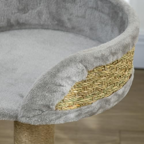 PawHut Kratzbaum für Katzen, Kletterbaum, Design mit Bommel zum Aufhängen + Plattform Plüsch- 40 x 40 x 49 cm- Jute grau-6