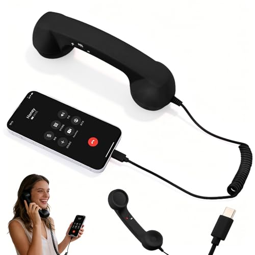 Retro Phone Handset,Retro Phone for iPhone,2026 New Cell Phone Receiver with Microphone & Speaker,Retro Telephone Wired Handset for Mobile Phones,90s Style Prop for Photos(Black, Type-C)