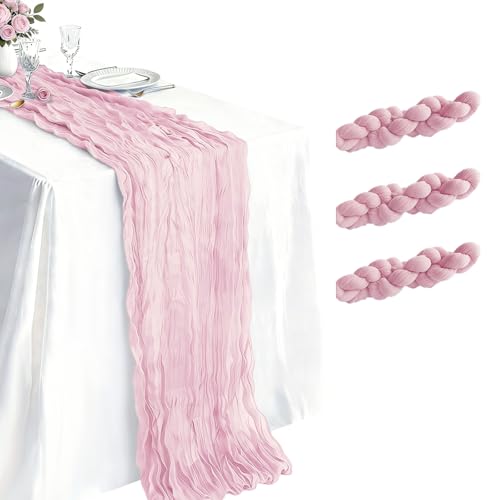 3 Pack Light Pink Cheesecloth Table Runner 21 x 120 Inch Boho Gauze Sheer Table Runner 10FT Long for...