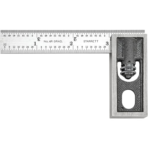 Starrett Inch Reading Double Square with Satin Chrome Finish and Hardened Blade - 4' Blade Length, 32nds - 64ths Graduations - 13A