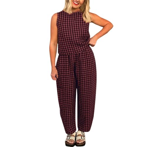 Survêtement d'été à carreaux pantalon t-shirt lin femme ample