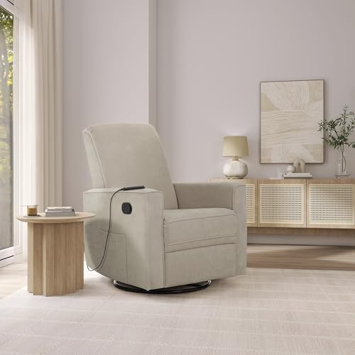 Image of Evolur Raleigh Glider with Massager in Charcoal, Upholstered Plush Seating 360 Swivel Glider Rocking Chair, FSC Certified, Greenguard Gold & JPMA Certified Nursery Glider Recliner