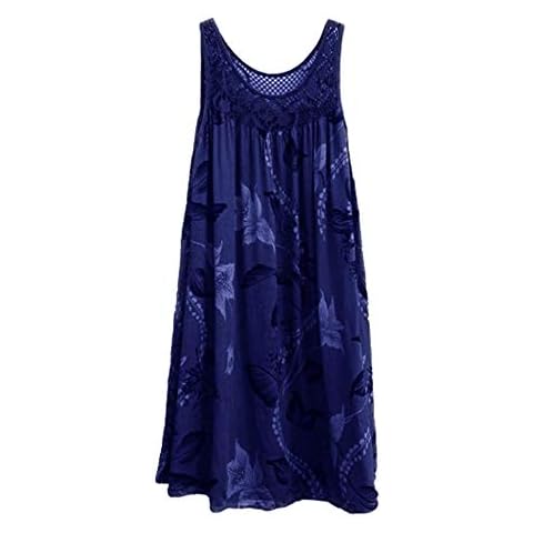 Colisha Summer Dresses for Women Boho Beach Dress Floral Sun Dresses Ladies Lace Neck Loose Pleated Casual Midi Sundress Plus Size 4XL Navy Cover