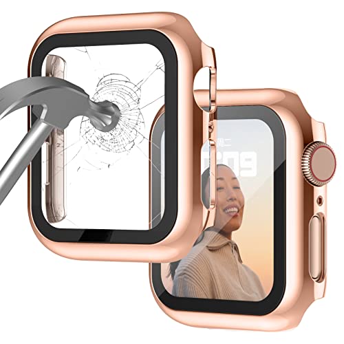 Image of Adepoy Case with Tempered Glass Screen Protector, Compatible with Apple Watch Series 9 /8 /7 45mm, All-Around Ultra-Thin Bumper Full Cover Hard PC Protective Case for iWatch Accessories, Rose Gold