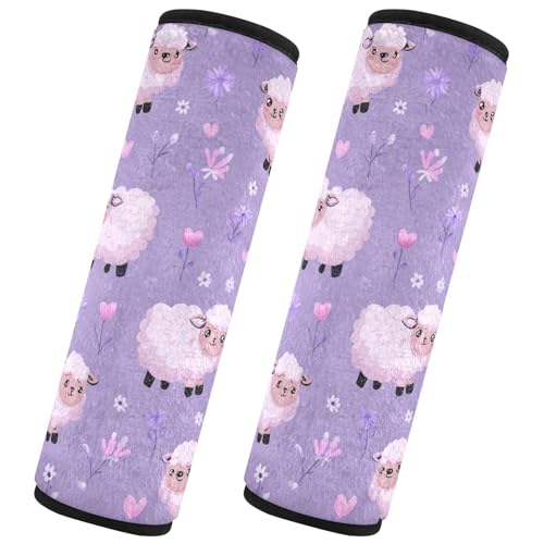 Image of 2 Pack Seatbelt Covers Seat Belt Cover Pad for Adults Boys Girls Car Seat Strap Covers Pads Cushion Universal Shoulder Strap Pad Protector for Backpack Camera Bag 6.5 Inch Purple Cute Floral Sheep
