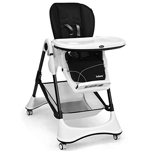 Infans High Chair With One-Hand Removable Tray, 4 Lockable Wheels & Large Storage Basket - Multi-Adjustable Height, Recline & Footrest, Removable Cushion, Foldable For Baby, Infant& Toddler #TOP13