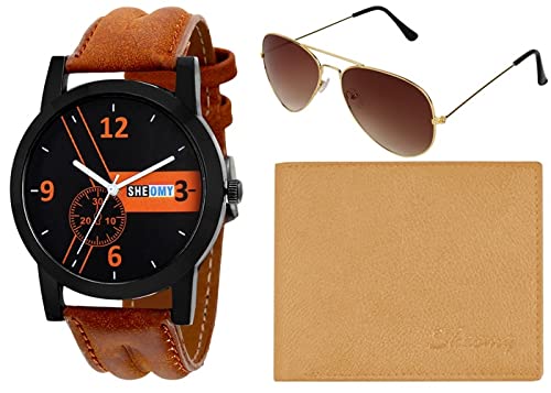 Sheomy Combo Pack of Brown Sunglasses and Metal Analogue Quartz Black Dial Brown Watch and wallet combo for Boys Mens Womens Girls Unisex Aviator Sunglasses Combo SR-HPMG-EROI