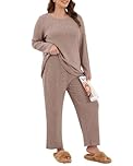 TIANZHU Plus Size Women's Pajamas Set Loungewear 2-Piece Ribbed Pyjama Set with Wide Leg Trousers & Pockets, Coffee, Size 26-28