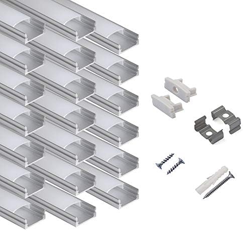 hunhun 20-Pack 6.6ft/ 2Meter U Shape LED Aluminum Channel System with Milky Cover, End Caps and Mounting Clips, Aluminum Profile for LED Strip Light Installations, Very Easy Installation