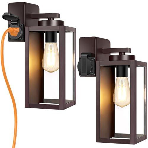 Image of BesLowe Porch Lights with Outlet, Brown Modern Outdoor Wall Light Fixtures | UL-Listed Extra Power Socket, Waterproof, Rust-Resistant, Durable Metal with Clear Glass, Easy to Install