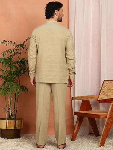 Image of See Designs Men's Full Sleeve Mandarin Collar Linen Solid Pathani Set