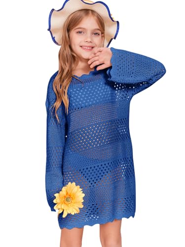 Image of Batermoon Girls Crochet Long Sleeve Swimsuit Cover Up Kids Fashion Hollow Out Swimwear Beach Dress 5-14 Years