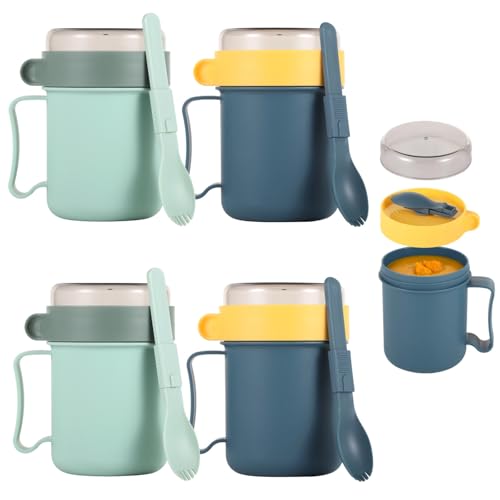 4 tazas de sopa de 13.5 onzas con tapas y asas, tarros de plástico aptos para microondas para preparación y almacenamiento de comidas, incluye tazas azules y verdes