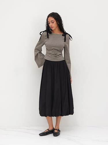 CIDER Tops Gingham Bowknot Ruched Long Sleeve Boat Neck Slim Fit Top2