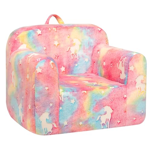 BEJOY Kids Sofa Ultra-Soft Snuggle Foam Filled Chair Single Cuddly Flannel Reading Couch for Boys and Girls Candy Floss with Unicorns