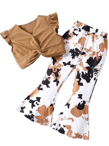 Image of Floerns Girl's 2 Piece Outfit Twist Front V Neck Tee Shirt Flare Leg Pants Set