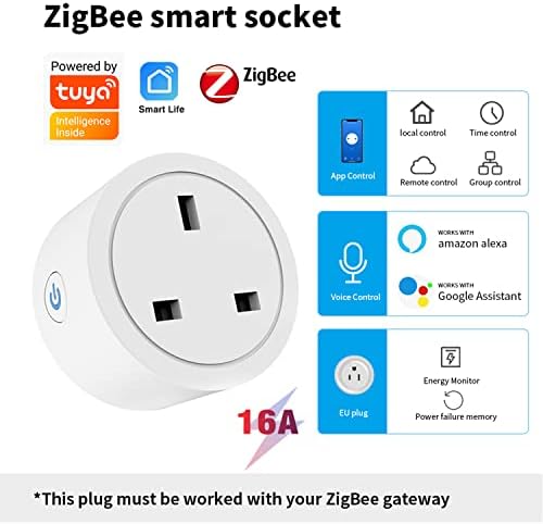 ZigBee Smart Plug, 16A UK Standards Smart Outlet Socket Works with Alexa and Google Home, WiFi Mini Plugs with Voice Control, APP Control, Energy Monitoring, Timer Function, Hub Required.