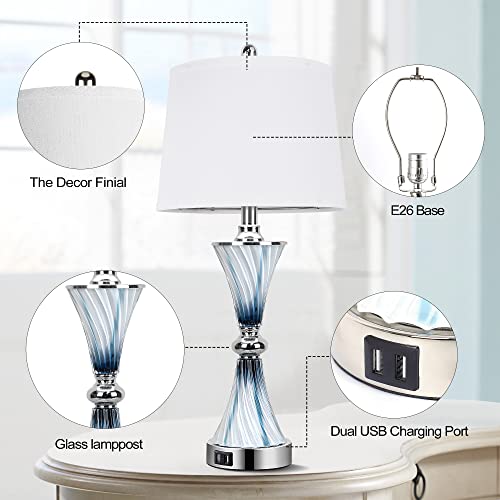 Set of 2 Blue Glass Table Lamps for Bedrooms with 2 USB ports 3-Way Dimmable Touch Coastal Bedside Lamps for Contemporary Style Modern Nightstand Lamps with 2 LED Bulbs for Home Lighting Decoration - Image 3