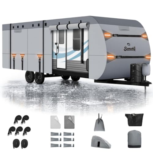 Travel Trailer Cover 33-35 FT Heavy Duty 7-Layer RV Cover Rip-Stop Camper Cover Windproof with 5+2 Straps UV & Snow Protection Fits Rooftop A/C