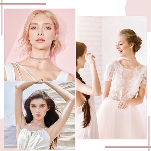 Heveer Samt Halskette Halsband Doppellagige Halskette mit Herz-Anhänger Verstellbare Gothic Choker für Damen Mädchen Rosa