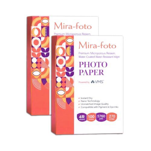Image of Mira-Foto 4R Photo Paper 270 GSM 4x6 Inch (100 Sheets) | 5760 DPI Glossy Inkjet Photo Paper | Instant Dry, Water-Resistant | Compatible with Dye & Pigment Printers Set of 2