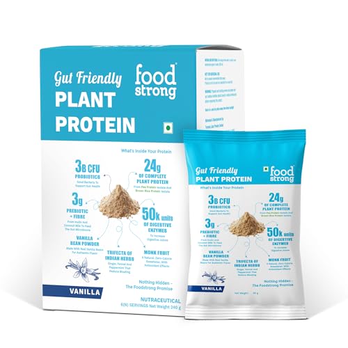 Image of Foodstrong Gut Friendly Plant Protein - Vanilla | 24g Complete Plant Protein with Probiotics, Digestive Enzymes, Prebiotics & Indian Herbs | Vegan | No Sugar | 6 Sachets, 240g