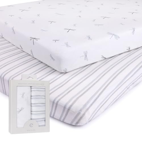 Image of Ely's & Co. Pack and Play Sheets, for Mini/Portable Crib, 2 Pack Fitted Playpen Play Yard Sheet Set Compatible with Graco Pack n Play, for Baby Boys, 100% Cotton, 38”x24”x5” Blue Dragonfly + Stripes
