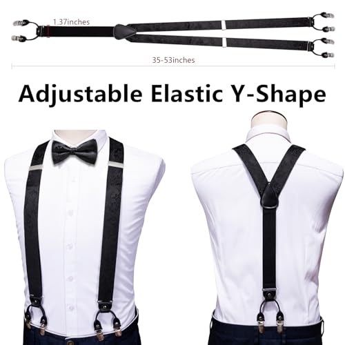 Image of YOHOWA Men Suspenders 6 Clips Strength Adjustable Y Braces Pre-Tied Bow Tie Set Formal Wedding Party