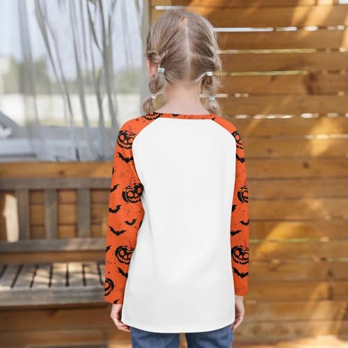 Halloween Girls Raglan Shirt Cute Witch Print Pumpkin Bat Pattern 3/4 Sleeve Casual Top Holiday Party Tee4