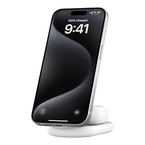 Image of Belkin MagSafe Qi2 Wireless Charger | 2-in-1 Magnetic Foldable 15W | Fast Charger for iPhone 16, 15, 14, 13, 12 | Charging Station with Non-Slip Base | PSU Included | White